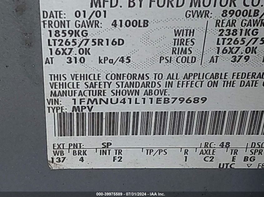 2001 Ford Excursion Xlt VIN: 1FMNU41L11EB79689 Lot: 39975589