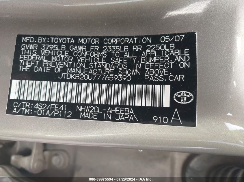 2007 Toyota Prius VIN: JTDKB20U777659390 Lot: 39975594