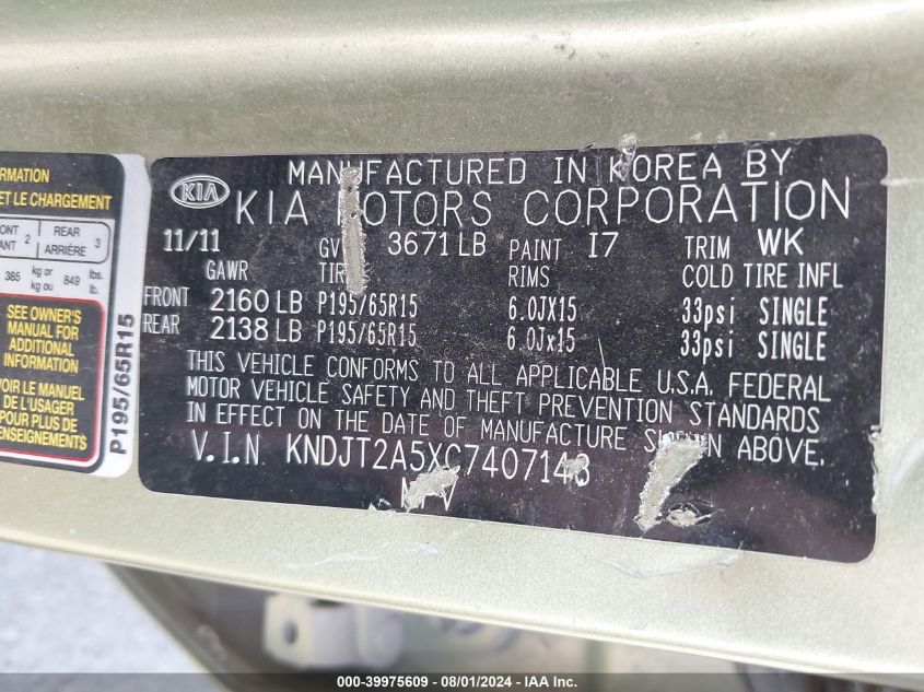 2012 Kia Soul VIN: KNDJT2A5XC7407143 Lot: 39975609