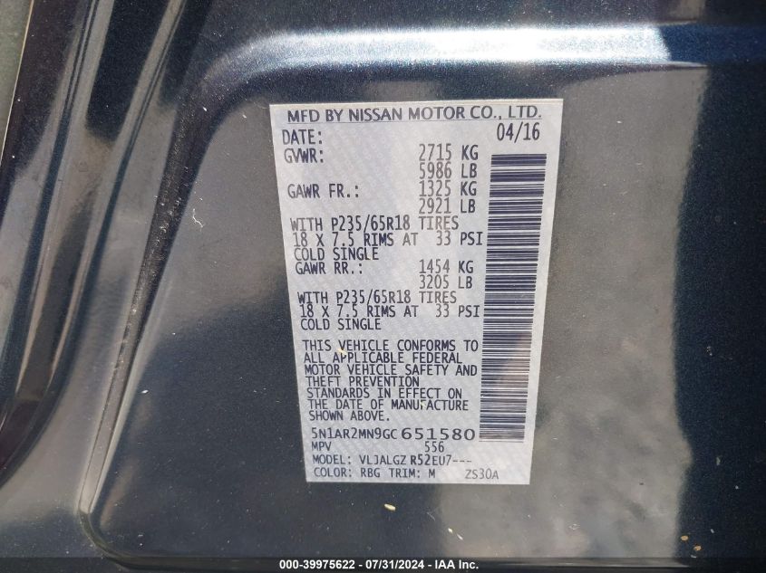 2016 Nissan Pathfinder S/Sv/Sl/Platinum VIN: 5N1AR2MN9GC651580 Lot: 39975622