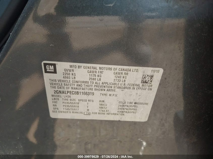 2011 Chevrolet Equinox 2Lt VIN: 2GNALPEC8B1166319 Lot: 39975629