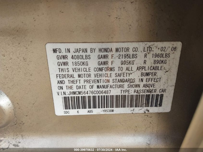 2006 Honda Accord 2.4 Lx VIN: JHMCM56476C006487 Lot: 39975632