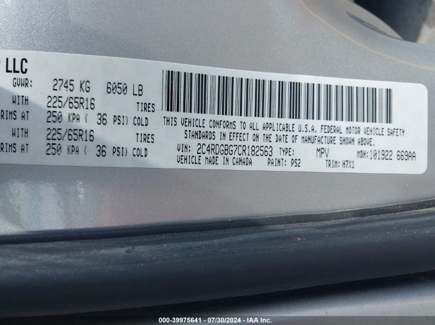 2012 Dodge Grand Caravan Se/Avp VIN: 2C4RDGBG7CR182563 Lot: 39975641