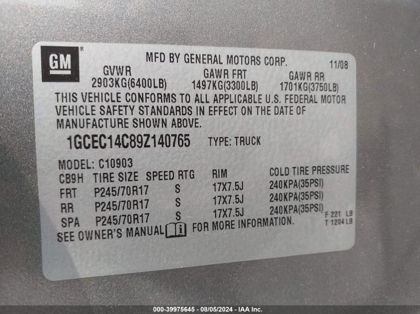 2009 Chevrolet Silverado 1500 Work Truck VIN: 1GCEC14C89Z140765 Lot: 39975645