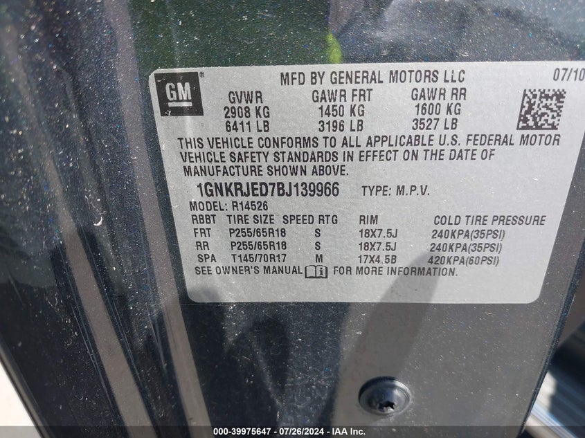 2011 Chevrolet Traverse 2Lt VIN: 1GNKRJED7BJ139966 Lot: 39975647