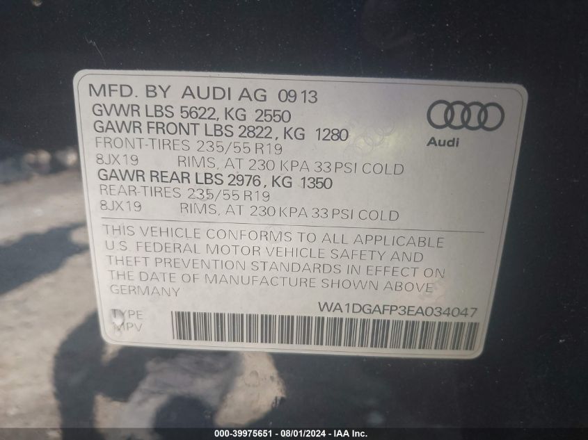 2014 Audi Q5 3.0T Premium Plus VIN: WA1DGAFP3EA034047 Lot: 39975651