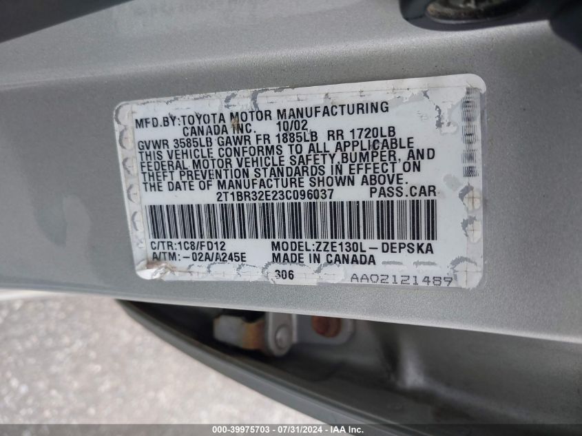 2003 Toyota Corolla S VIN: 2T1BR32E23C096037 Lot: 39975703