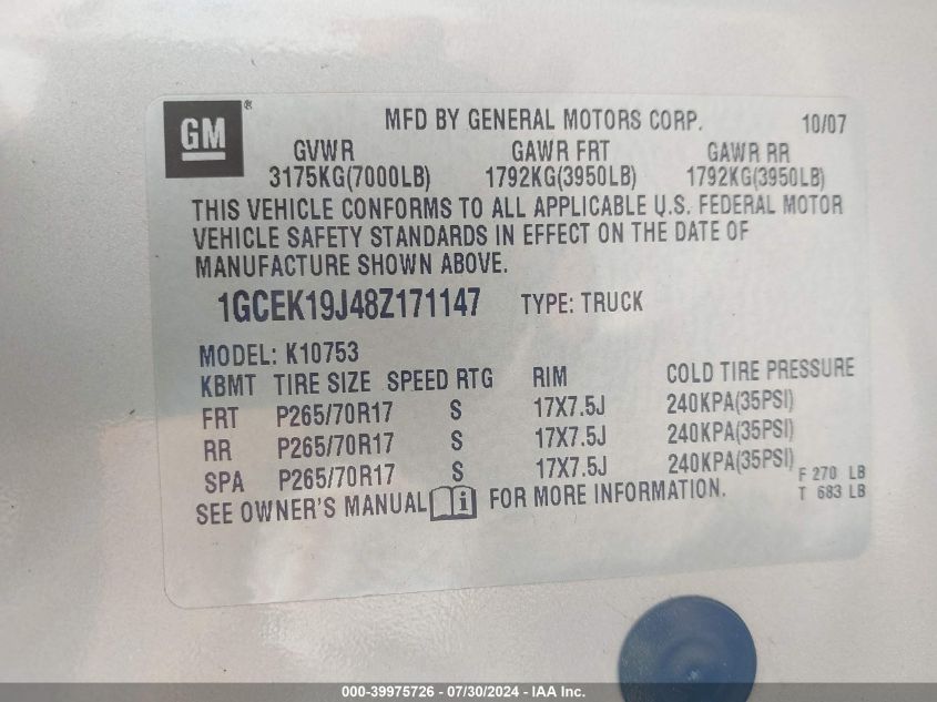 2008 Chevrolet Silverado 1500 Work Truck VIN: 1GCEK19J48Z171147 Lot: 39975726