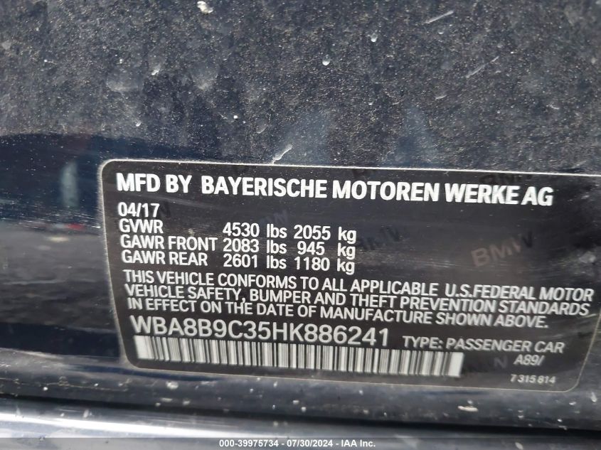2017 BMW 330I VIN: WBA8B9C35HK886241 Lot: 39975734