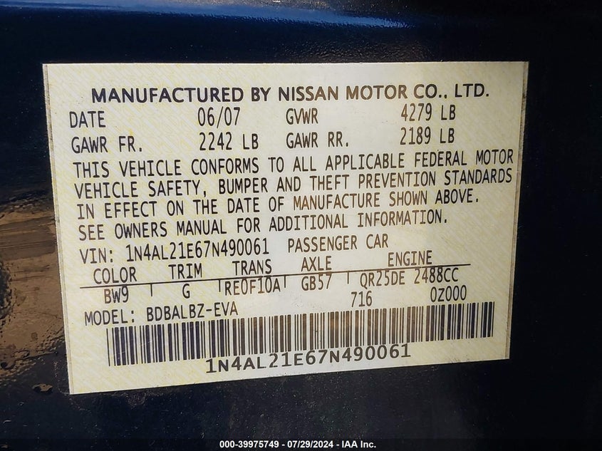 2007 Nissan Altima 2.5 S VIN: 1N4AL21E67N490061 Lot: 39975749