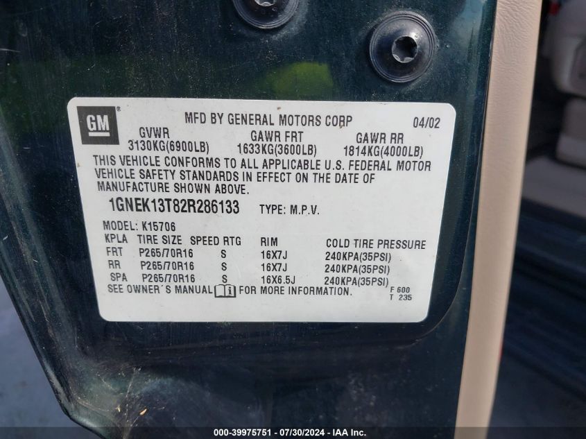 2002 Chevrolet Tahoe K1500 VIN: 1GNEK13T82R286133 Lot: 39975751