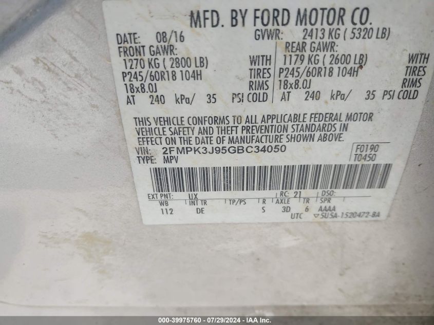 2016 Ford Edge Sel VIN: 2FMPK3J95GBC34050 Lot: 39975760