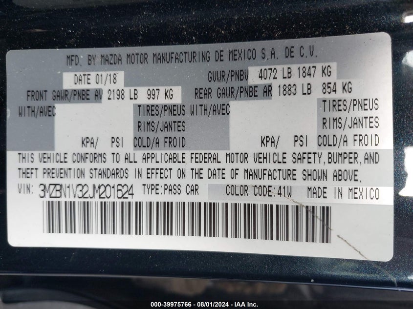 2018 Mazda Mazda3 Touring VIN: 3MZBN1V32JM201624 Lot: 39975766