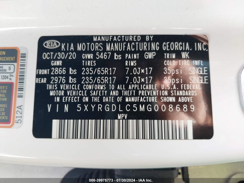 2021 Kia Sorento Lx VIN: 5XYRGDLC5MG008689 Lot: 39975773