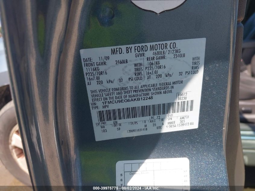 2010 Ford Escape Limited VIN: 1FMCU9EG6AKB12248 Lot: 39975775