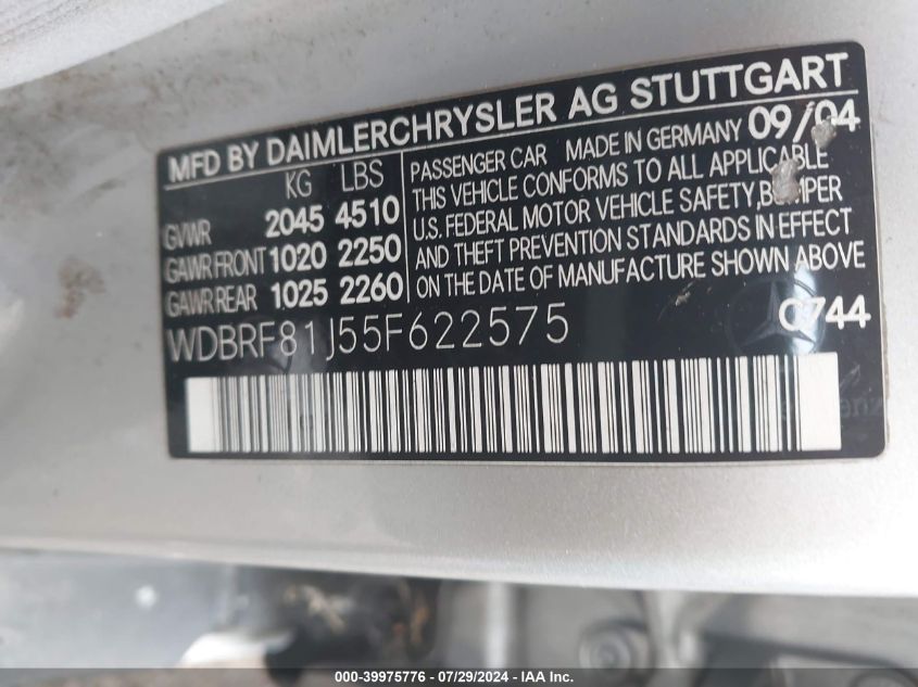 2005 Mercedes-Benz C 240 Luxury 4Matic VIN: WDBRF81J55F622575 Lot: 39975776