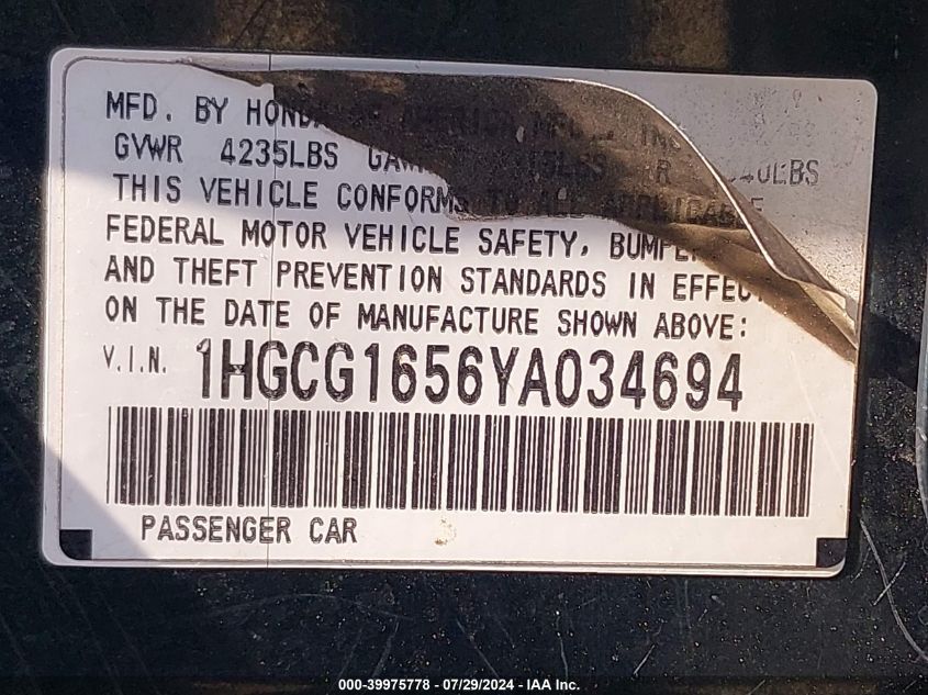 2000 Honda Accord Ex VIN: 1HGCG1656YA034694 Lot: 39975778