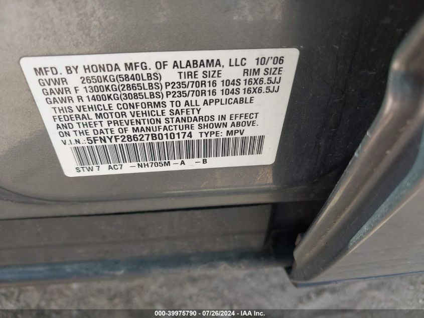 2007 Honda Pilot Ex-L VIN: 5FNYF28627B010174 Lot: 39975790