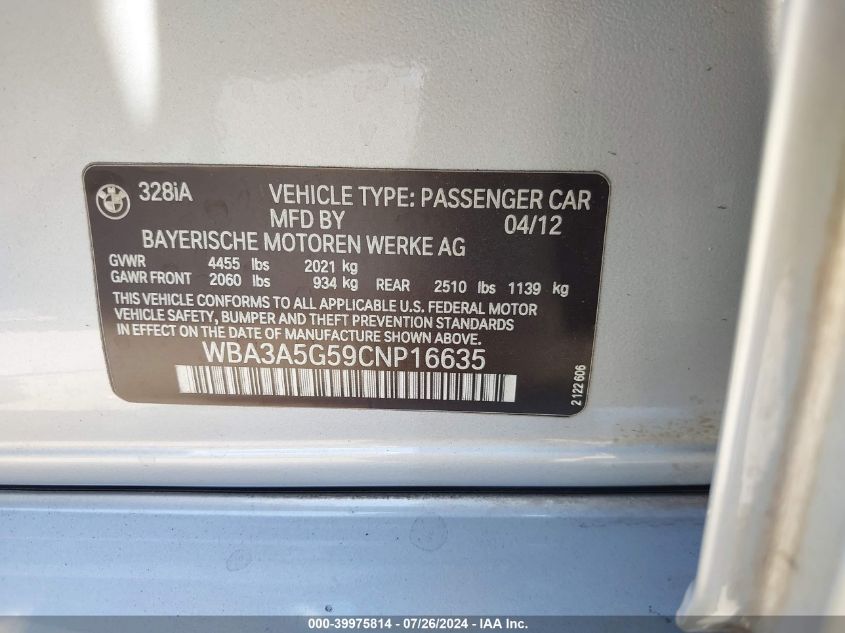 2012 BMW 328I VIN: WBA3A5G59CNP16635 Lot: 39975814