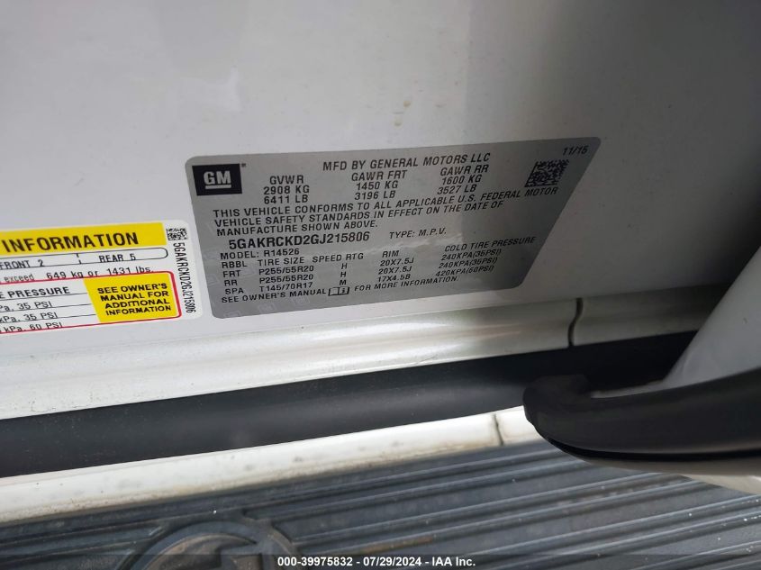 2016 Buick Enclave Premium VIN: 5GAKRCKD2GJ215806 Lot: 39975832