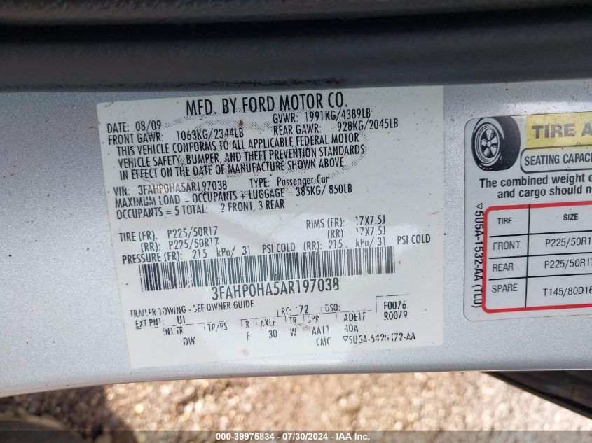 2010 Ford Fusion Se VIN: 3FAHP0HA5AR197038 Lot: 39975834