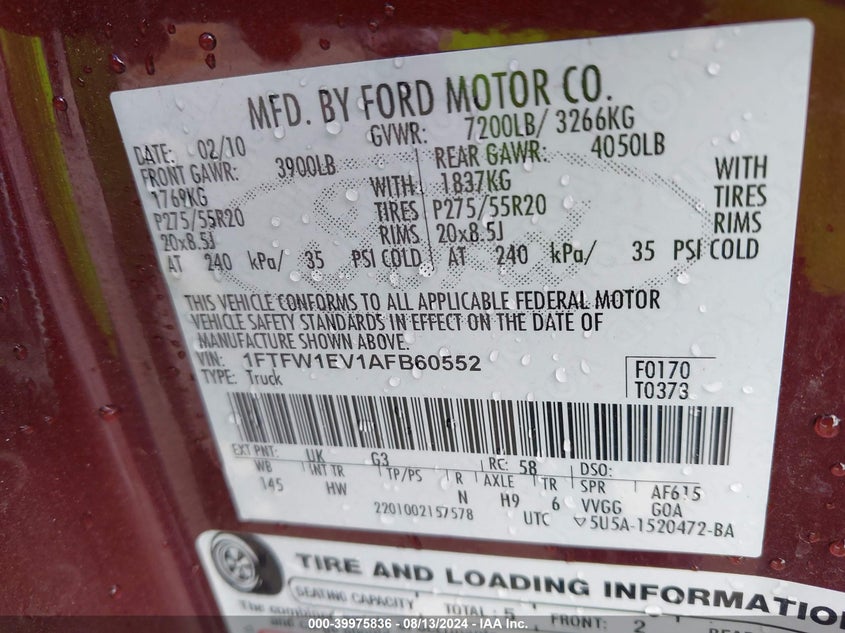 2010 Ford F-150 Fx4/Harley-Davidson/King Ranch/Lariat/Platinum/Xl/Xlt VIN: 1FTFW1EV1AFB60552 Lot: 39975836