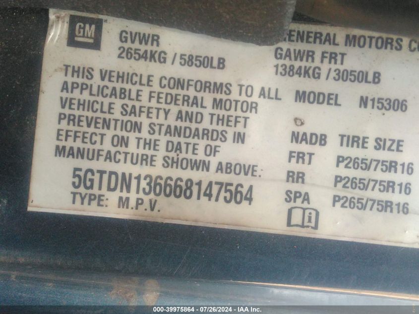 2006 Hummer H3 Suv VIN: 5GTDN136668147564 Lot: 39975864