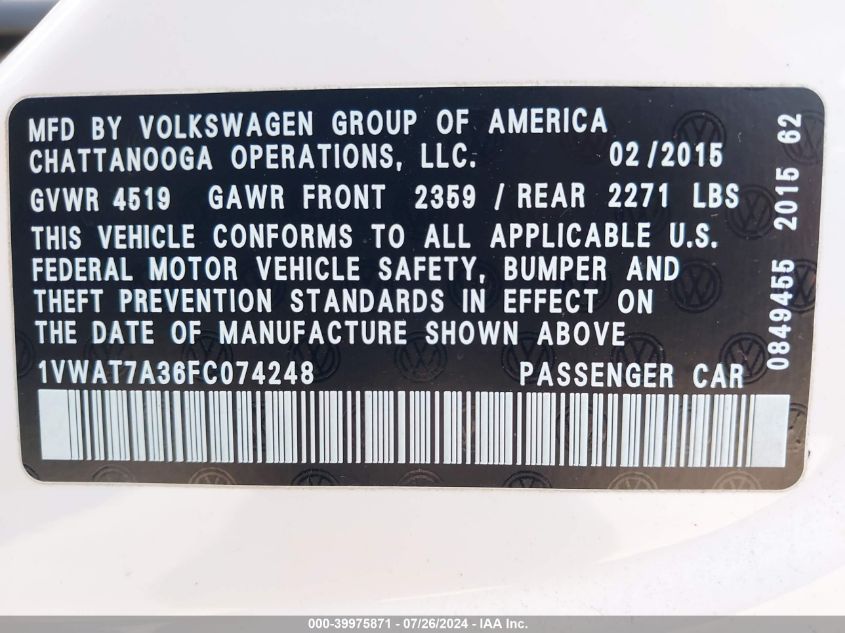 1VWAT7A36FC074248 | 2015 VOLKSWAGEN PASSAT