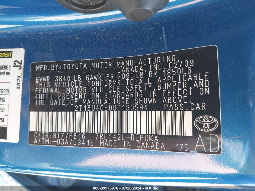 2009 Toyota Corolla Le VIN: 2T1BU40E09C190594 Lot: 39975876