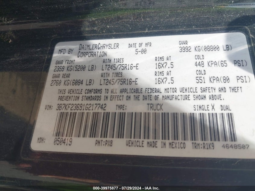 2001 Dodge Ram 2500 St VIN: 3B7KF23691G217742 Lot: 39975877