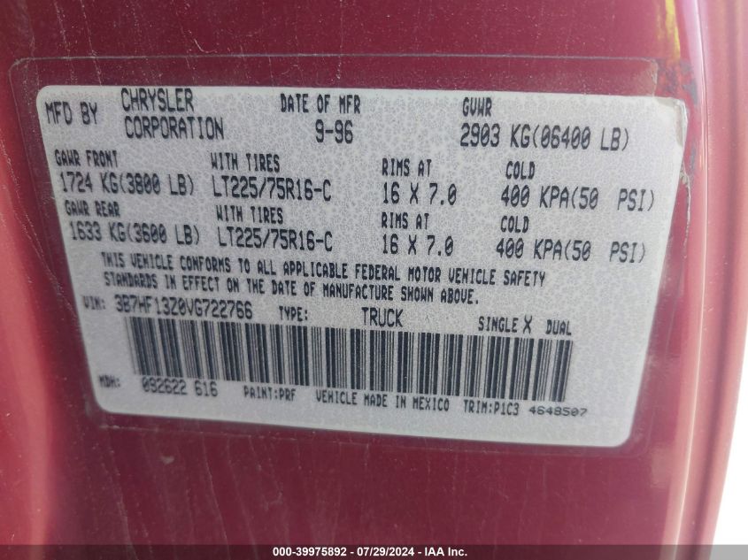 1997 Dodge Ram 1500 VIN: 3B7HF13Z0VG722766 Lot: 39975892
