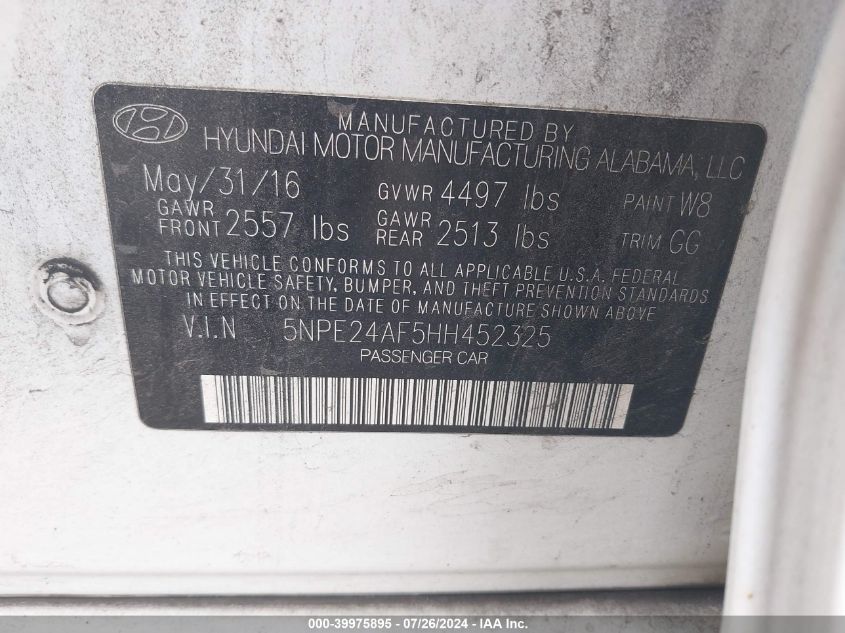 2017 Hyundai Sonata VIN: 5NPE24AF5HH452325 Lot: 39975895