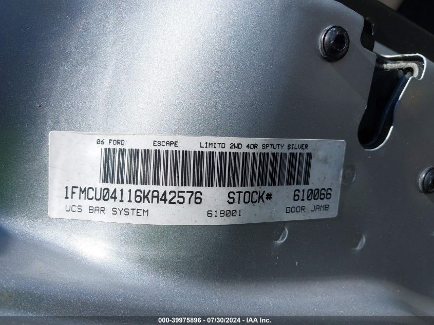 2006 Ford Escape Limited VIN: 1FMCU04116KA42576 Lot: 39975896