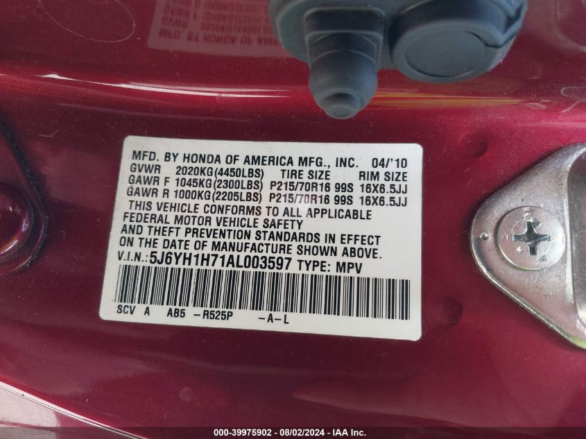 2010 Honda Element Ex VIN: 5J6YH1H71AL003597 Lot: 39975902