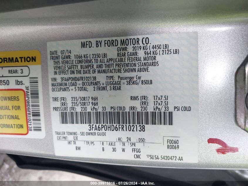 3FA6P0HD6FR102138 | 2015 FORD FUSION