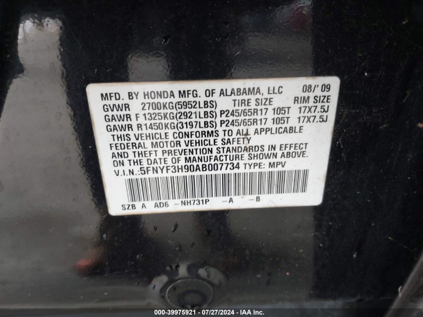 2010 Honda Pilot Touring VIN: 5FNYF3H90AB007734 Lot: 39975921