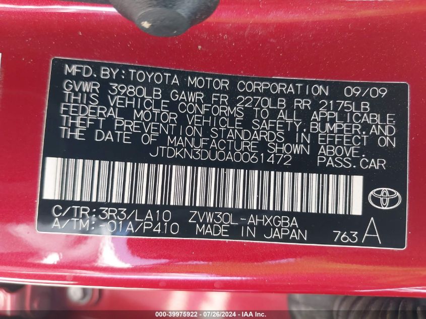 2010 Toyota Prius Iv VIN: JTDKN3DU0A0061472 Lot: 39975922