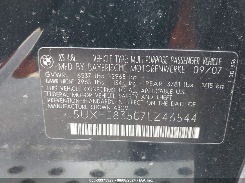 2007 BMW X5 4.8I VIN: 5UXFE83507LZ46544 Lot: 39975929