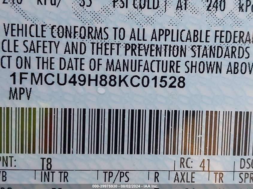 2008 Ford Escape Hybrid VIN: 1FMCU49H88KC01528 Lot: 39975930