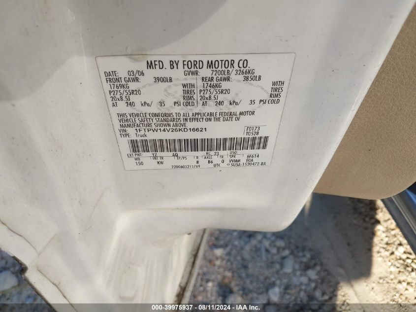 2006 Ford F-150 Fx4/Lariat/Xlt VIN: 1FTPW14V26KD16621 Lot: 39975937