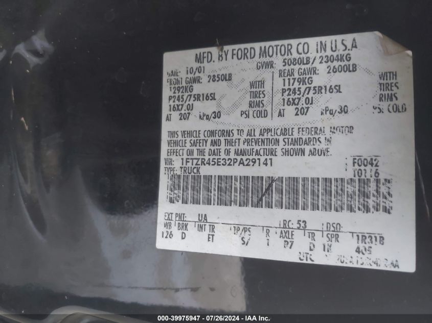 2002 Ford Ranger Edge/Xlt VIN: 1FTZR45E32PA29141 Lot: 39975947