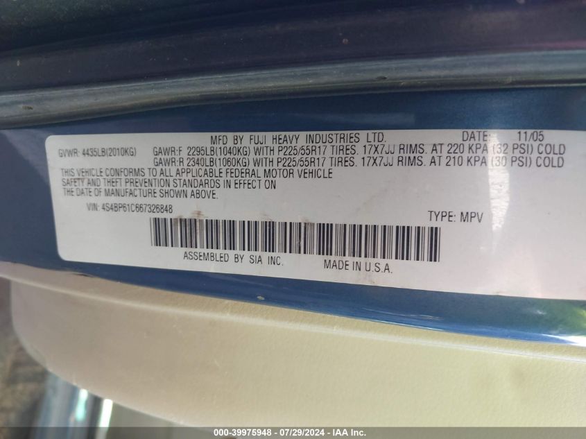 2006 Subaru Outback 2.5I VIN: 4S4BP61C667326848 Lot: 39975948