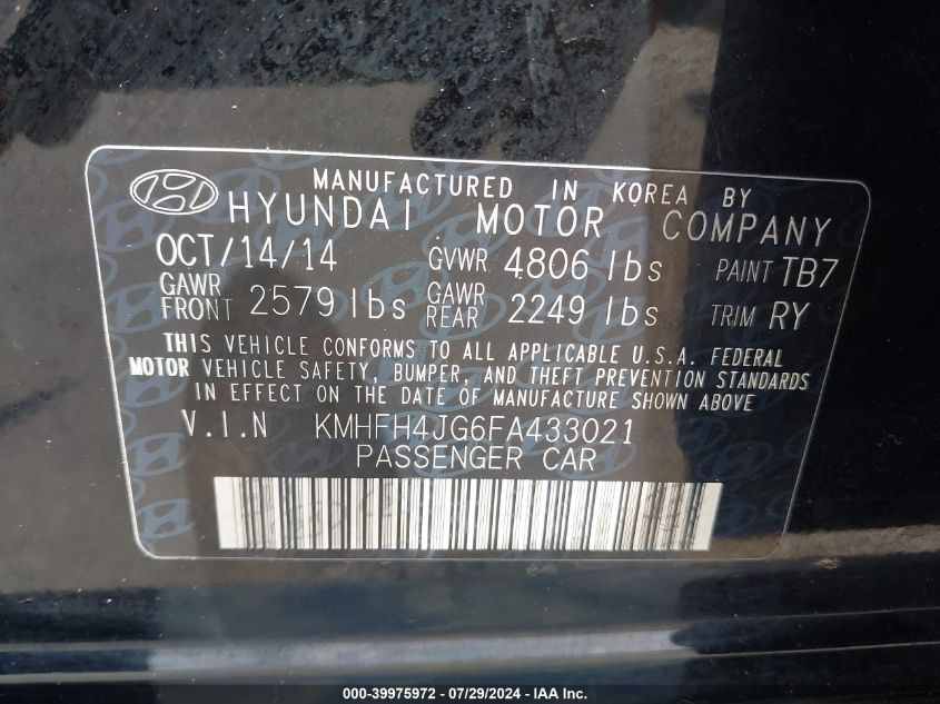 2015 Hyundai Azera VIN: KMHFH4JG6FA433021 Lot: 39975972