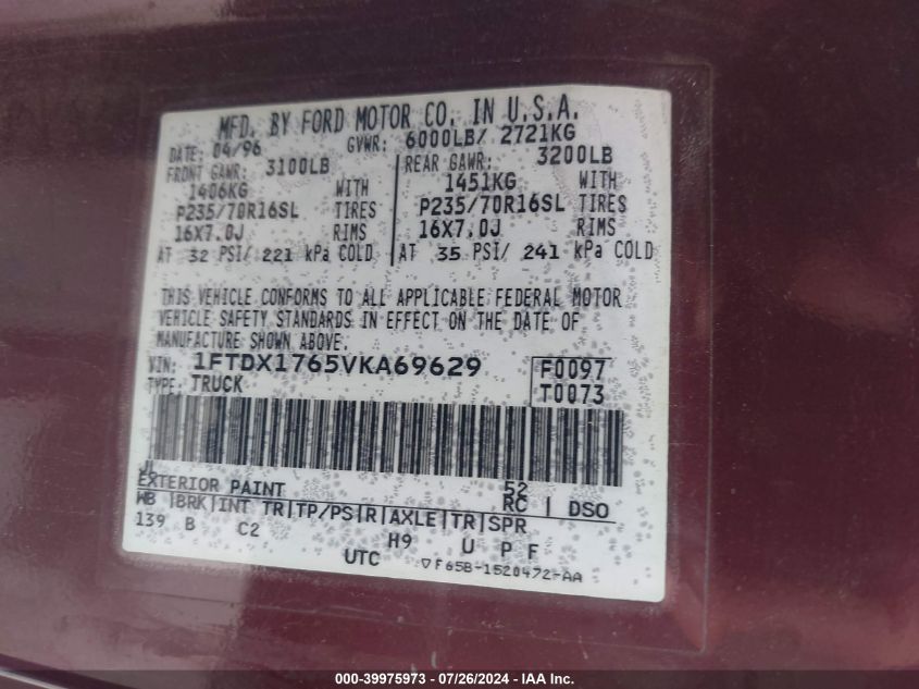 1997 Ford F-150 Lariat/Standard/Xl/Xlt VIN: 1FTDX1765VKA69629 Lot: 39975973