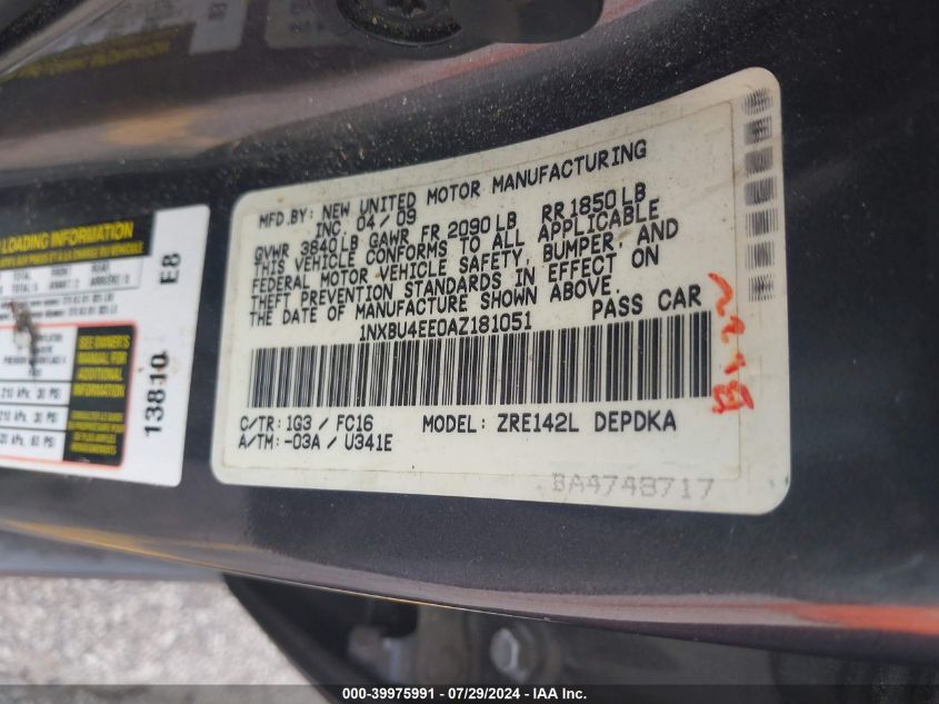 2010 Toyota Corolla Le VIN: 1NXBU4EE0AZ181051 Lot: 39975991