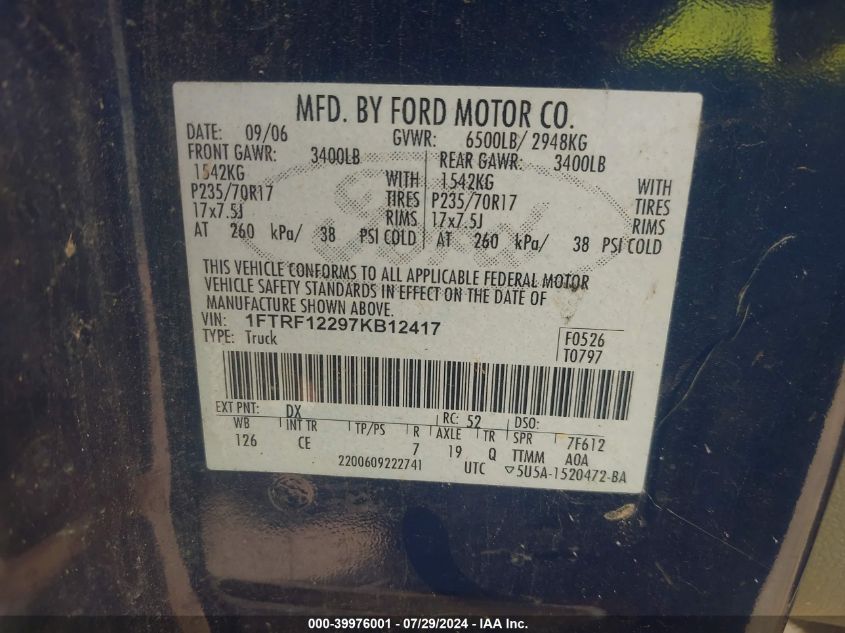 2007 Ford F-150 Stx/Xl/Xlt VIN: 1FTRF12297KB12417 Lot: 39976001