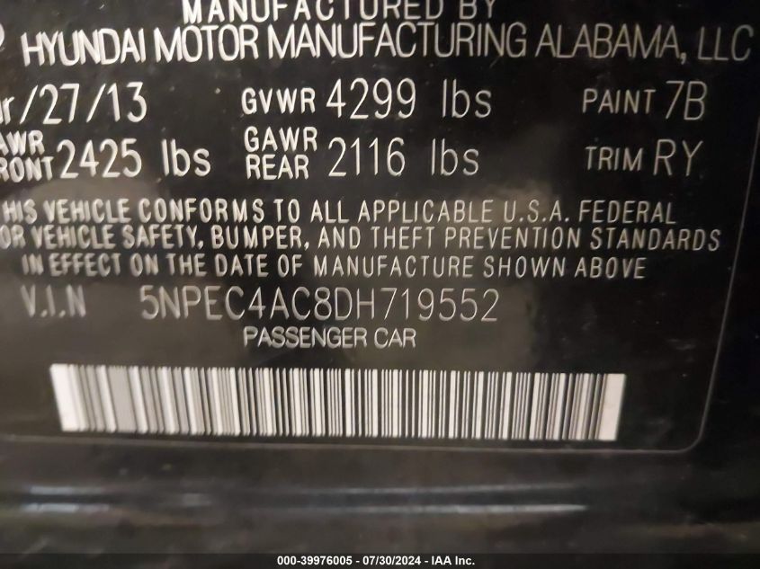2013 Hyundai Sonata Limited VIN: 5NPEC4AC8DH719552 Lot: 39976005