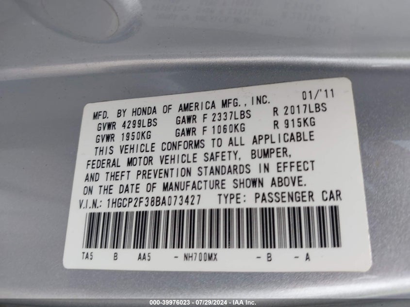 2011 Honda Accord 2.4 Lx VIN: 1HGCP2F38BA073427 Lot: 39976023