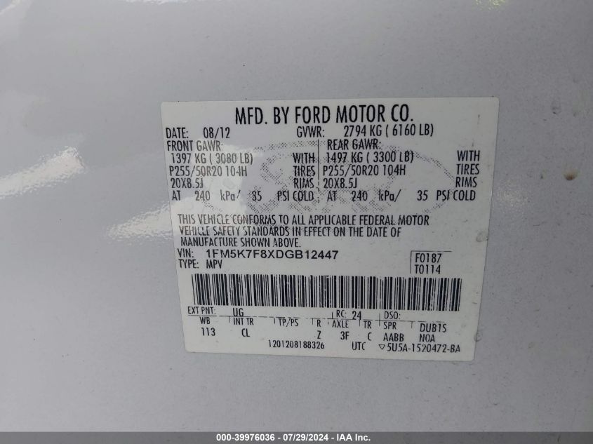 2013 Ford Explorer Limited VIN: 1FM5K7F8XDGB12447 Lot: 39976036