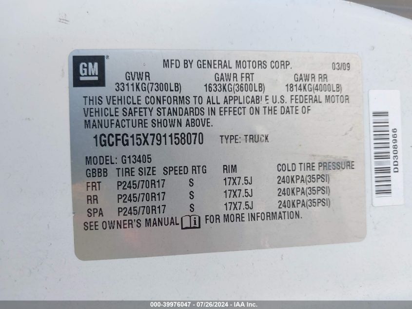 2009 Chevrolet Express 1500 Work Van VIN: 1GCFG15X791158070 Lot: 39976047